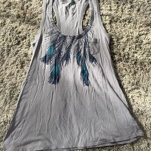 Decree Gray and Blue Feather Print Tank Top